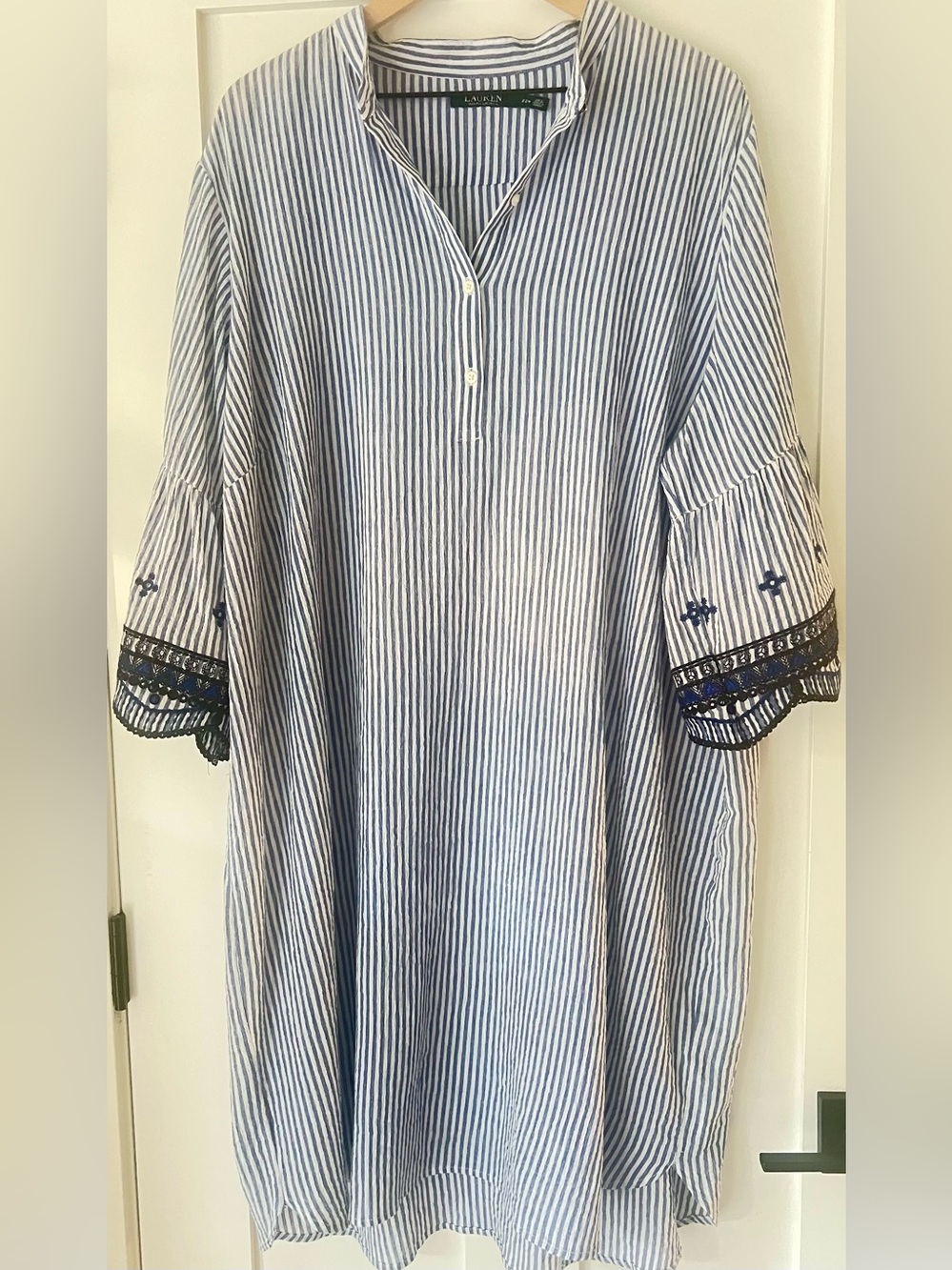 LAUREN RALPH LAUREN | Blue White Seersucker Tunic Dress Embroidered 22W